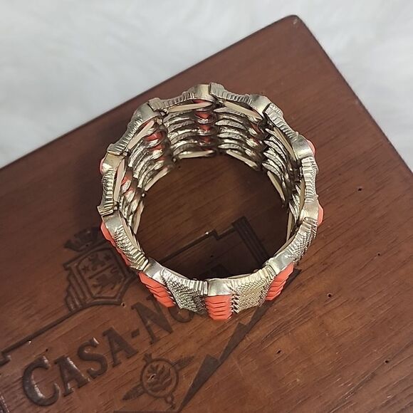 Vintage Coral/Orange Bezel Metal Cuff Bracelet - Picture 4 of 5